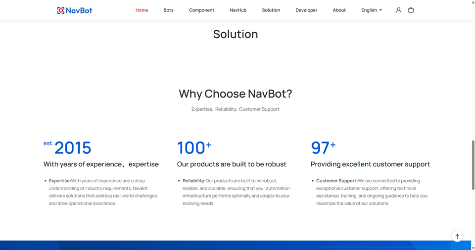 NavBot解决方案页面，展示经验、产品数量和客户支持等数据